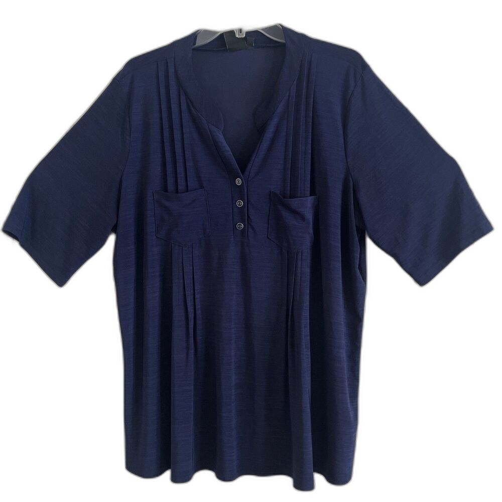 Elie McCarthy Knit Blouse Womens Plus 2X Navy Blue Short Sleeve Pleated Pocket